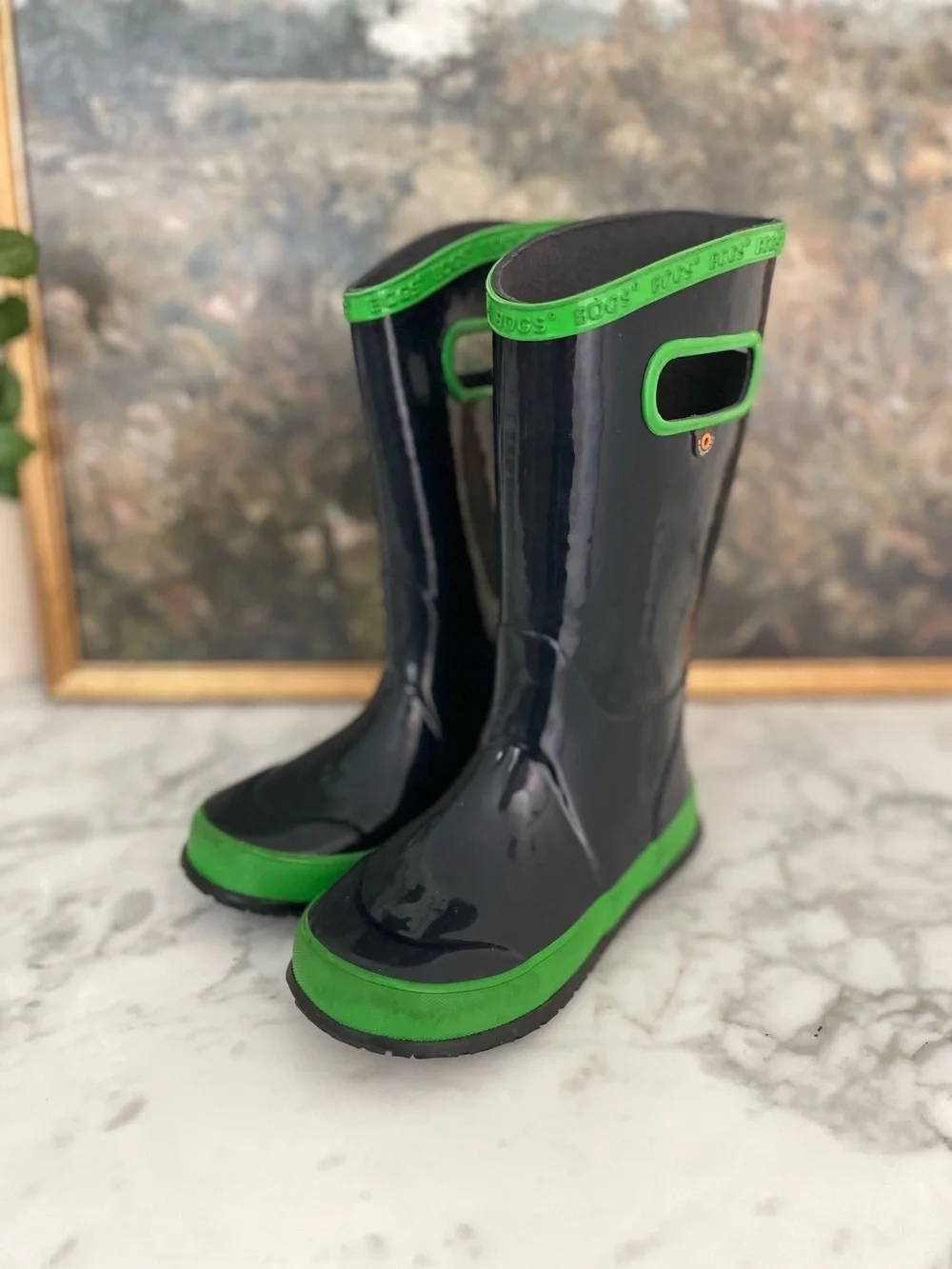 Bogs kids boots size 13 navy blue green waterproof rain snow pull on